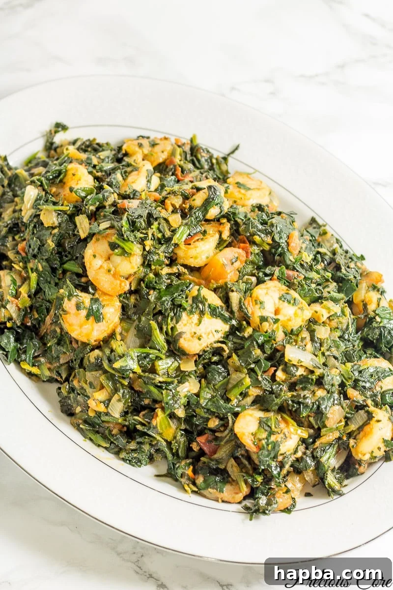 Close-up view of African Spinach Stew, highlighting the rich texture and ingredients