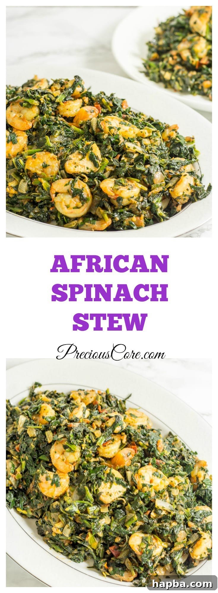 Beautifully plated African Spinach Stew with Chicken and Shrimp ready to be served on a stylish dish