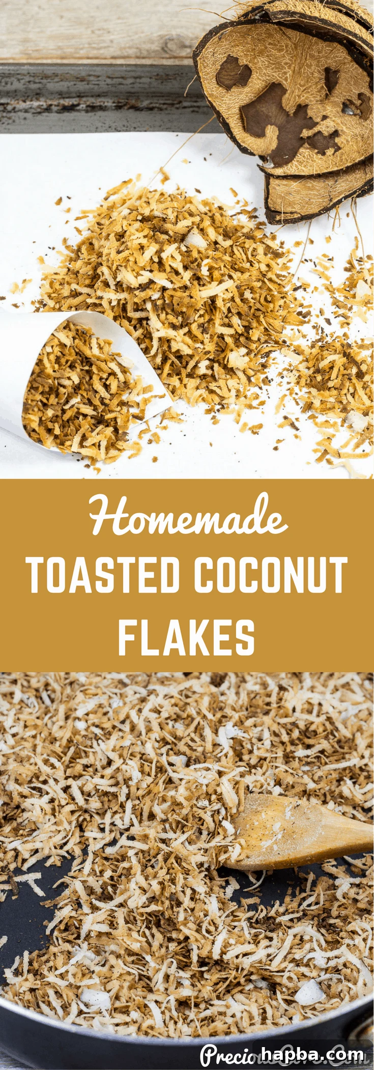 A collage of vibrant coconut images with the inviting text "Homemade Toasted Coconut Flakes" prominently displayed.