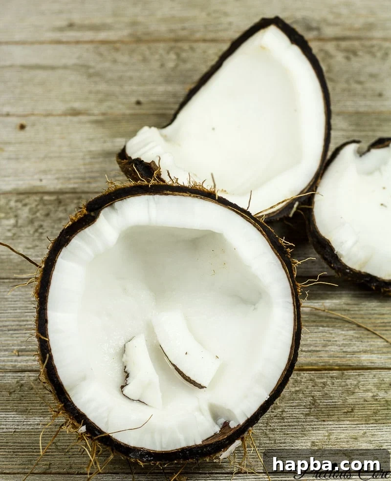 Close-up of a broken coconut half, revealing the white flesh ready for separation from the shell.
