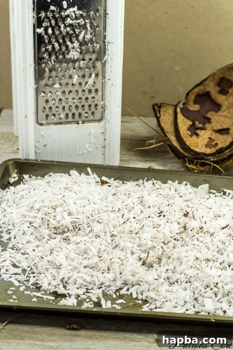 Freshly shredded coconut, prepared with a box grater, ready to be toasted into Coconut Sweet.