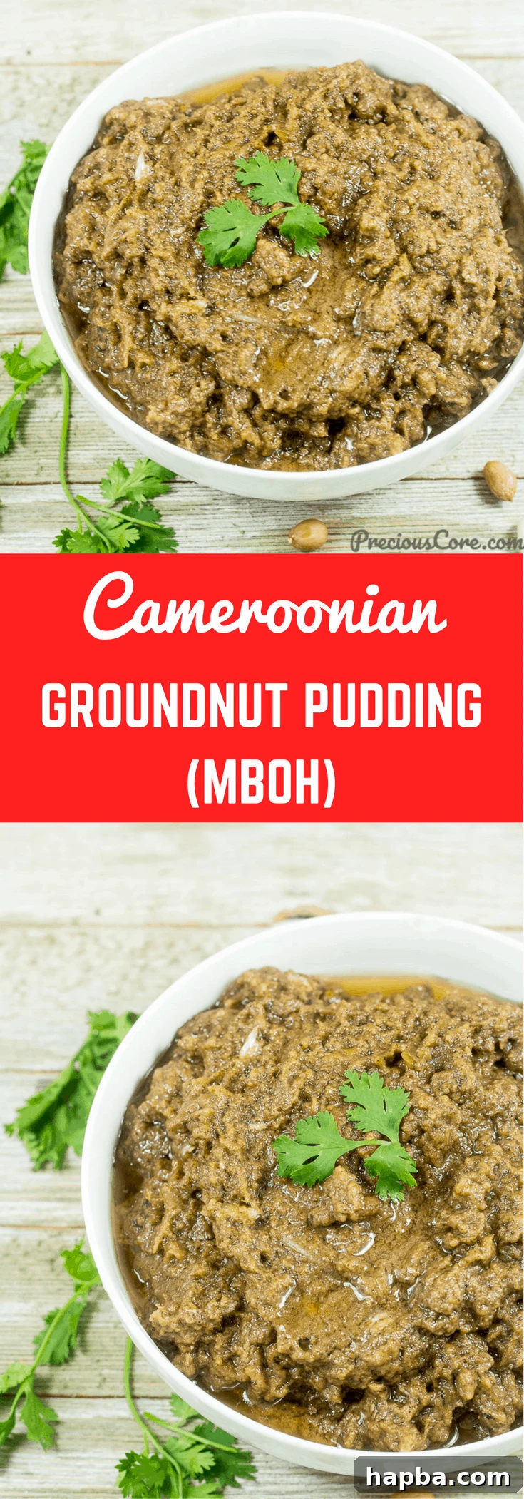 A visually appealing collage featuring a bowl of Cameroonian Groundnut Pudding (Mboh) with text overlay "Cameroonian Groundnut Pudding (Mboh)," perfect for pinning.