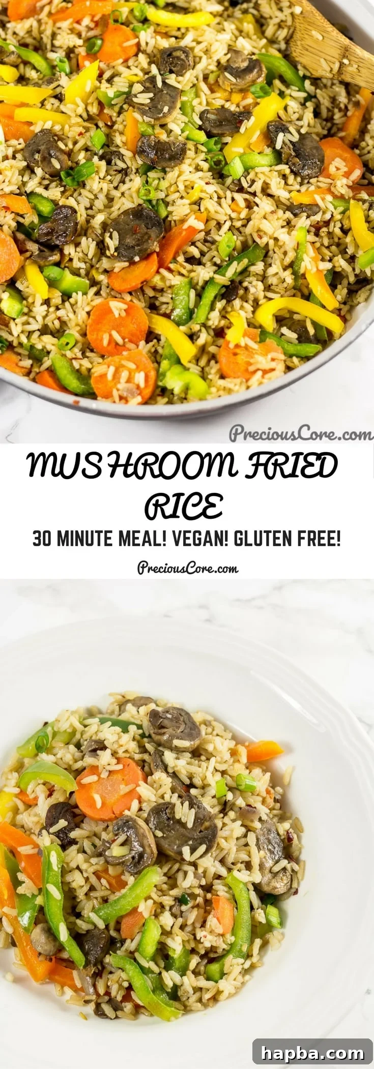 Collage with text "Mushroom Fried Rice 30 Minute Meal! Vegan! Gluten Free!"