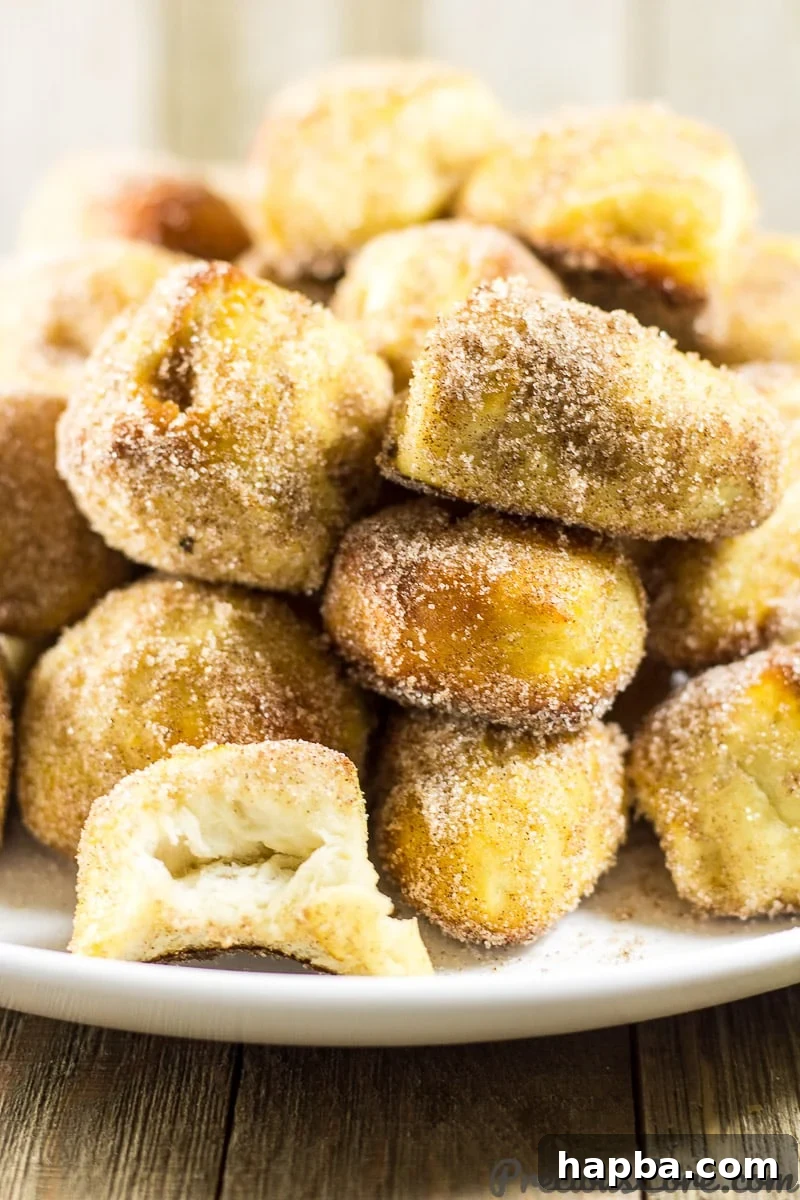 Sugared Cinnamon Pretzel Poppers 3 Close-up of golden brown homemade Cinnamon Sugar Pretzel Bites on a baking sheet.