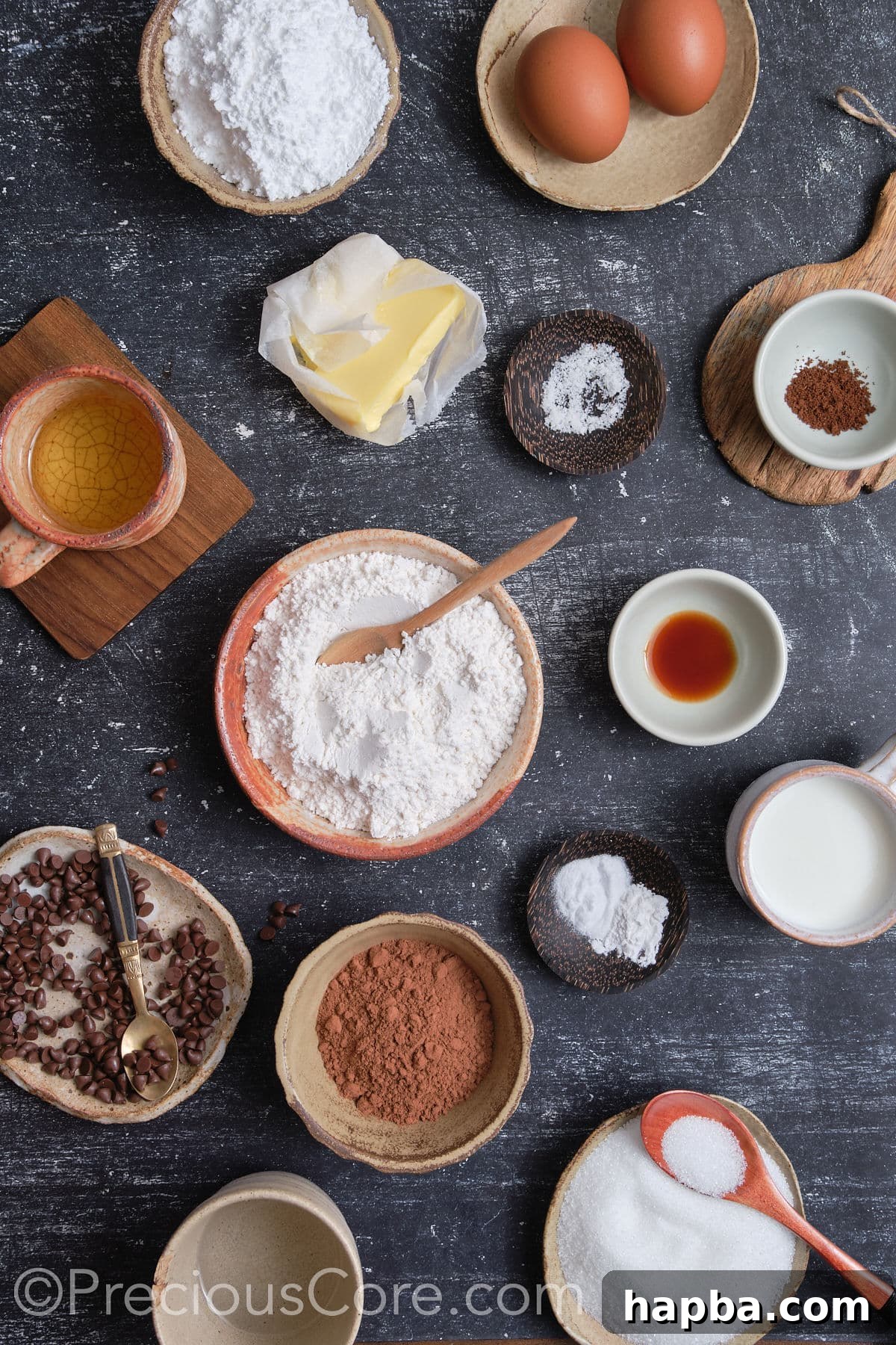 Various ingredients for easy moist chocolate cupcakes laid out on a surface.