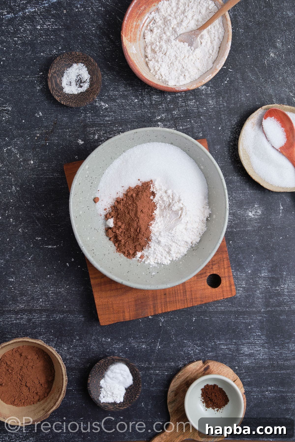 Dry ingredients for chocolate cupcakes measured and placed in a mixing bowl.