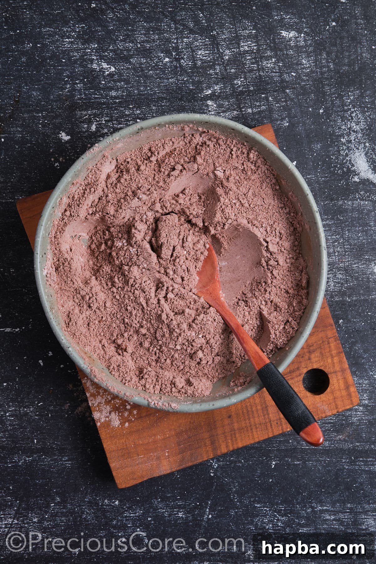 Whisked dry ingredients in a bowl, showing the uniform mixture.