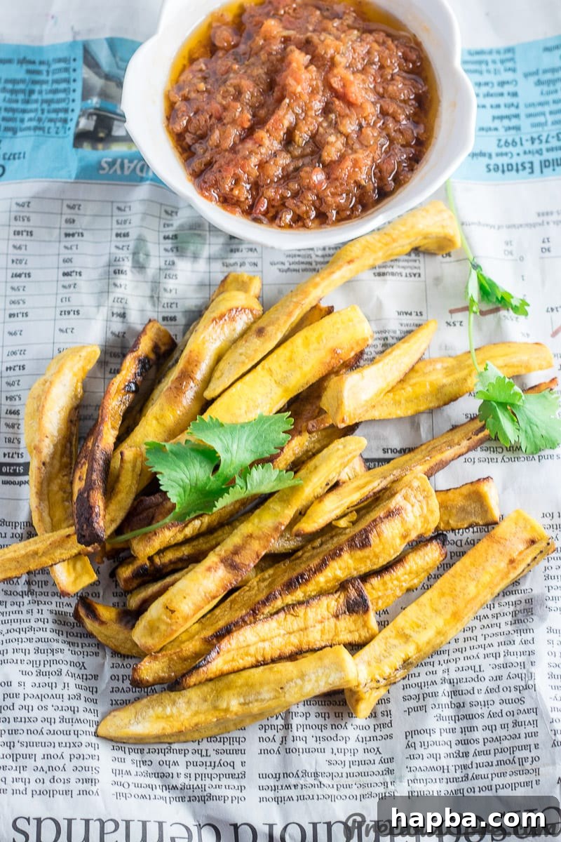 Golden Plantain Fries 2 Delicious Baked Plantain Fries served with a vibrant African Pepper Sauce.