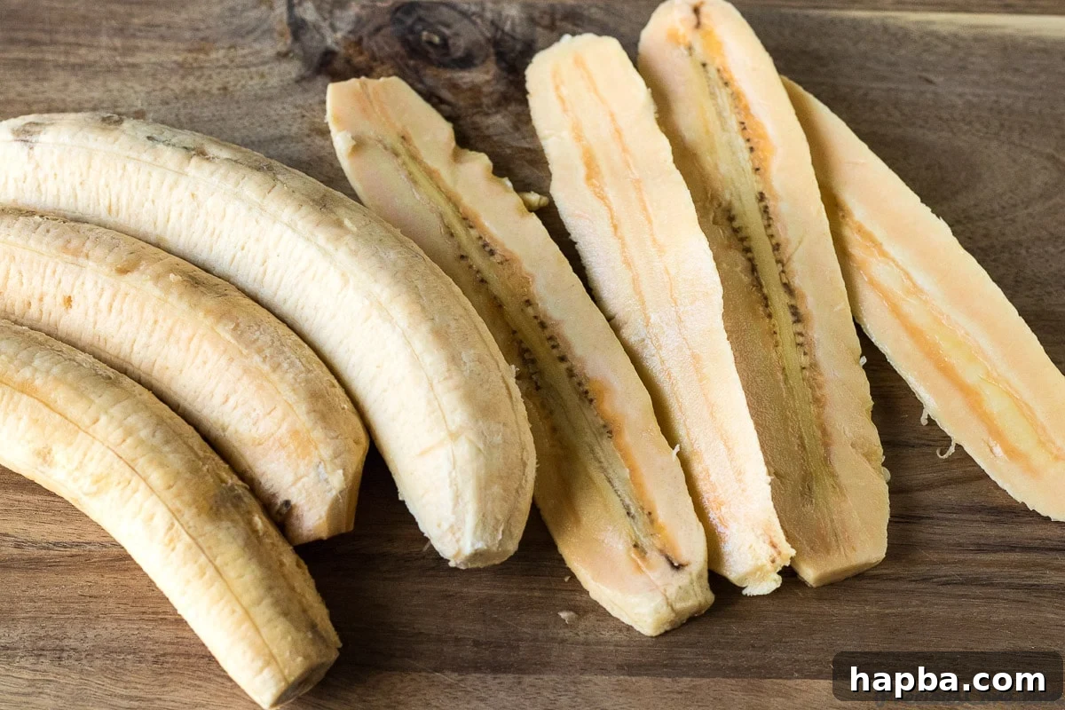 Tropical Plantain Bake 6 SlicIng plantains lengthwise.