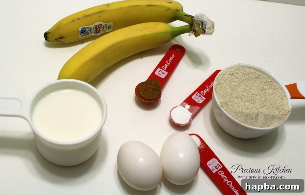 A flat lay image showing ingredients for making healthy whole wheat banana pancakes