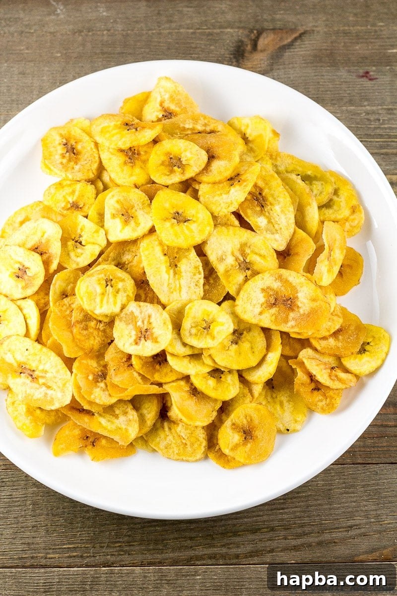 Homemade Plantain Chips on a plate, perfectly golden and crispy.