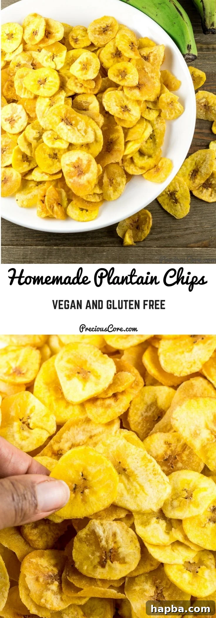 Collage with text \"Homemade Plantain Chips Vegan and Gluten Free.\" depicting crispy plantain chips.