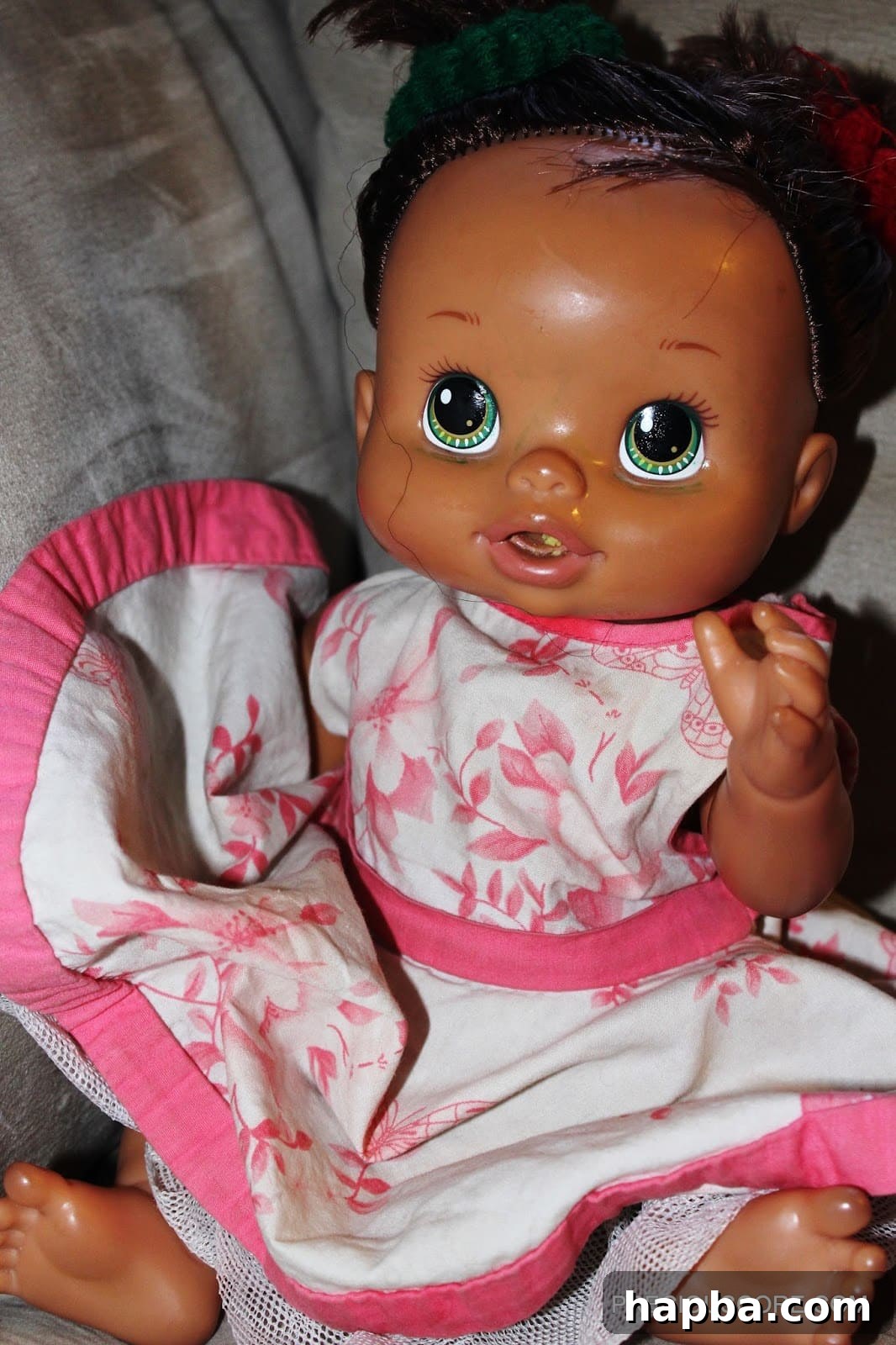 Jura, whose name means love Close-up photograph of the doll named Jura, featuring soft, child-like features and symbolizing companionship.