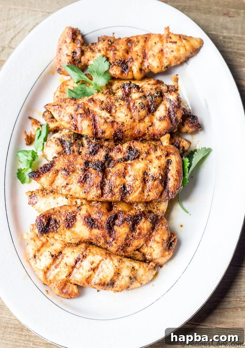 Succulent Grilled Chicken Strips 2 Perfectly grilled chicken tenders on a platter, ready to serve