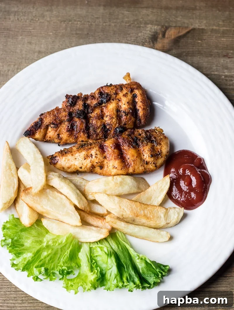 Succulent Grilled Chicken Strips 6 Grilled chicken tenders served with a side of golden potato fries