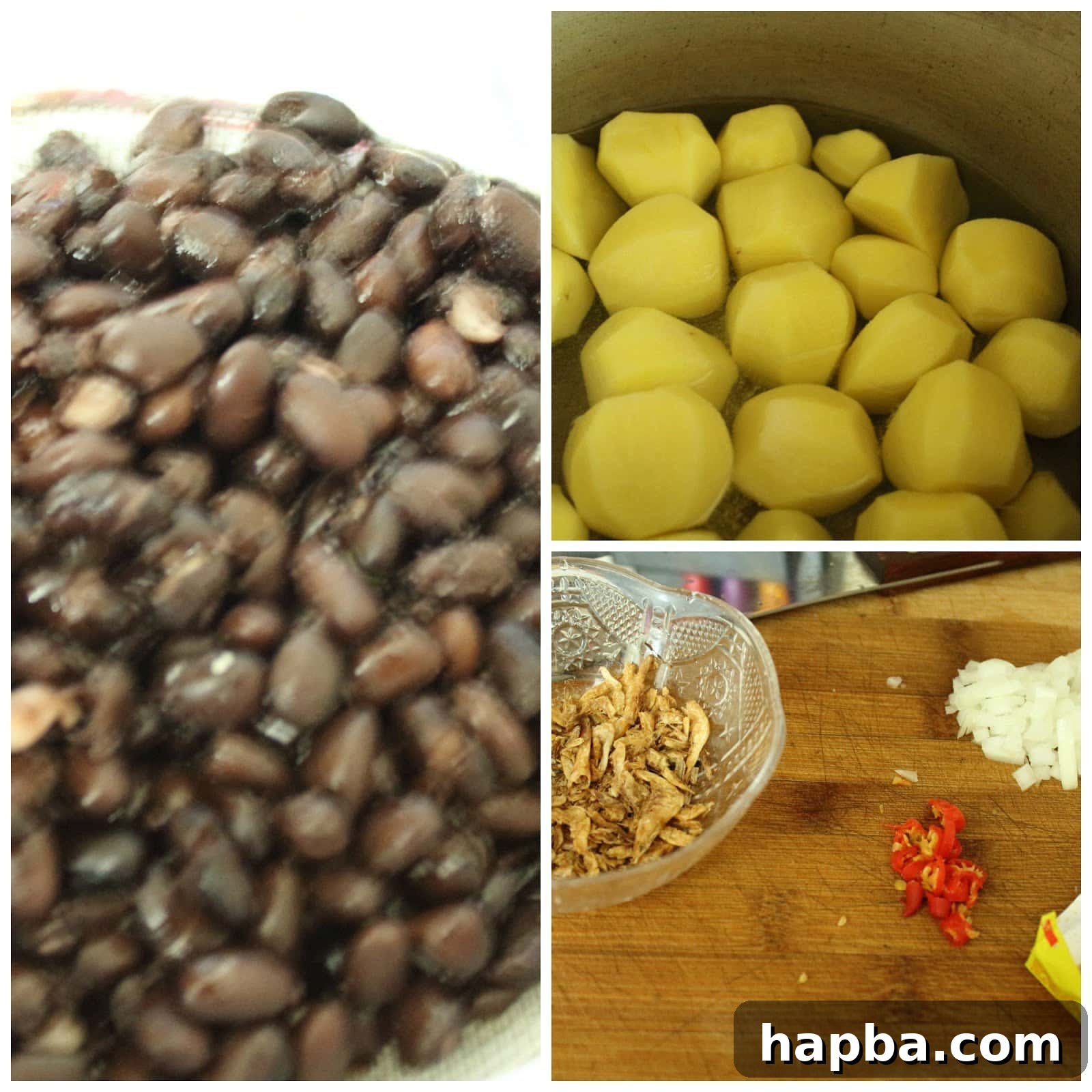 Hearty Cameroonian Mash 2 Boiled black beans, peeled Irish potatoes, ground crayfish, and chopped onion - key ingredients for Cameroonian Mashed Potatoes and Beans (Tukuni / Pomme Pilées)
