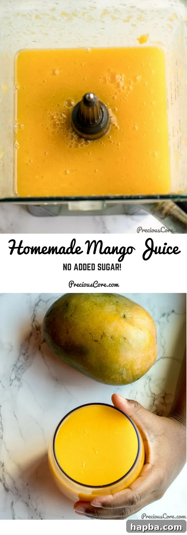 Pinterest collage featuring a glass of homemade mango juice and fresh mangoes, with text "Homemade Mango Juice No Added Sugar!"