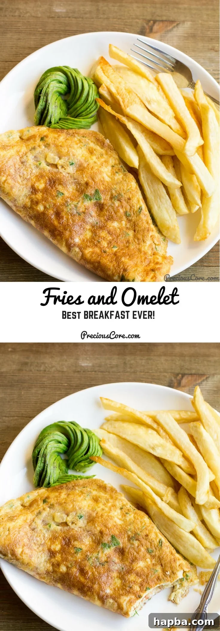 Collage of food with text \"Fries and Omelet Best Breakfast Ever!\"