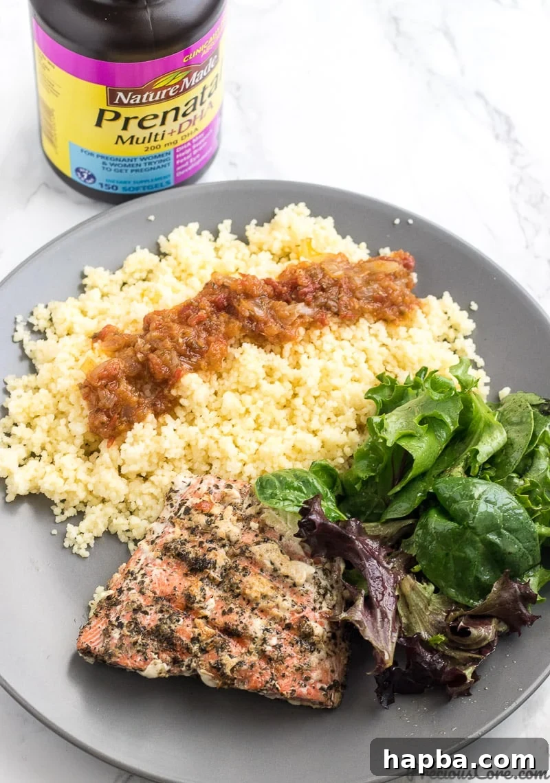 Nourishing My Pregnancy Grilled Salmon Veggies and My Wellness Journey 2 Healthy grilled salmon served with green veggies, couscous.