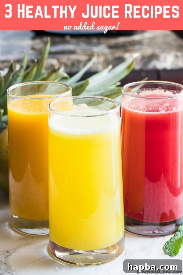 Three glasses of colorful juice.