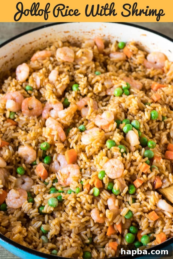 Pot of rice mixture with text "Jollof Rice with Shrimp."