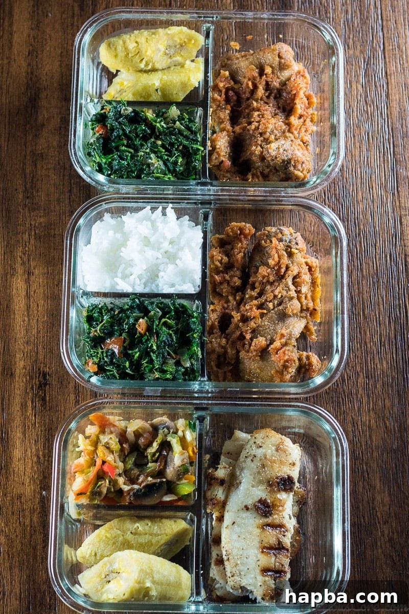Vibrant and healthy African-inspired meal prep bowls showcasing chicken, fish, rice, and colorful vegetables, perfectly portioned for the week.
