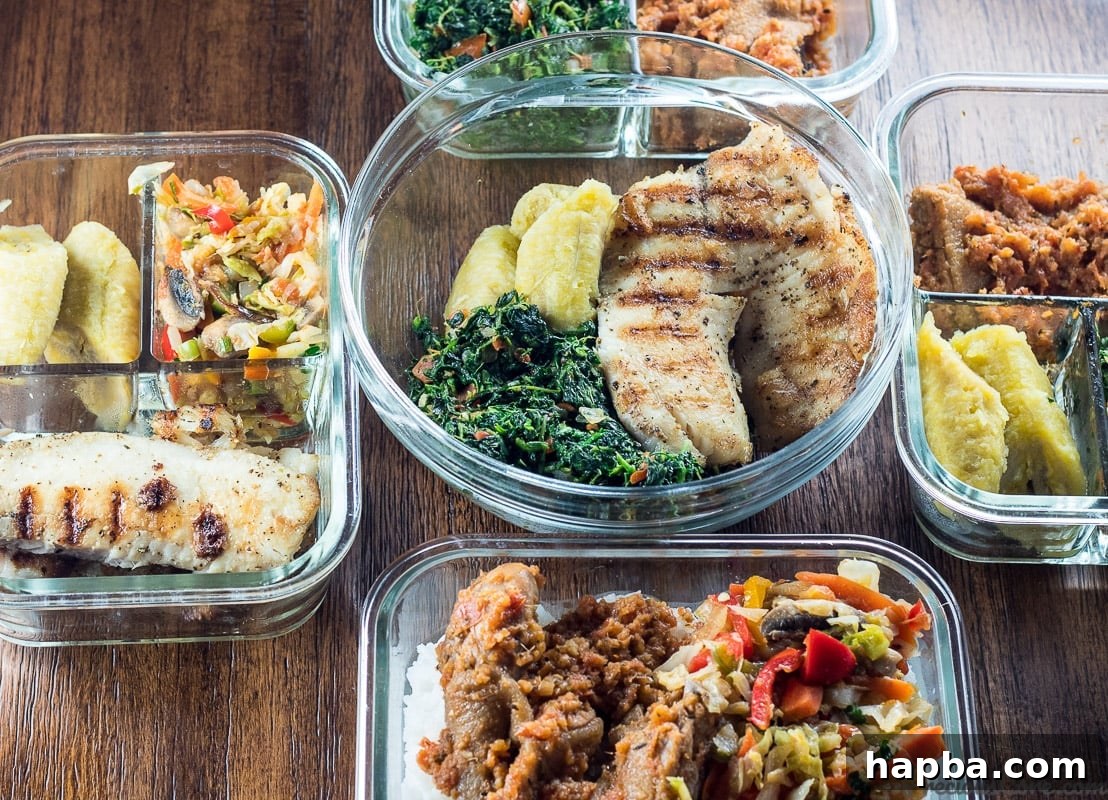 An assortment of simple, delicious and balanced meal prep bowls featuring flavorful chicken or fish, and a variety of vibrant vegetables and hearty starches, ideal for weekly planning.