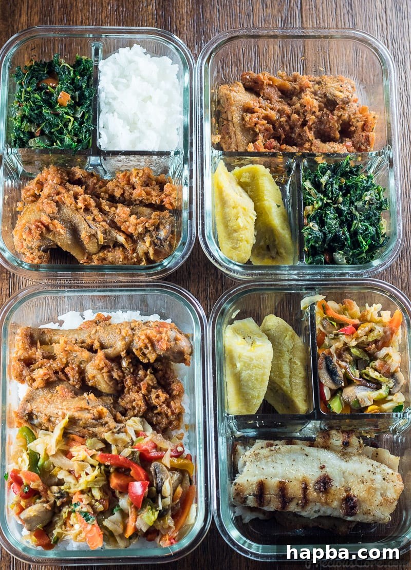 Four perfectly portioned meal prep bowls, each containing a balanced mix of African chicken stew or pan-grilled tilapia, mixed vegetables, and a choice of boiled rice or plantains, ready for a week of healthy eating.
