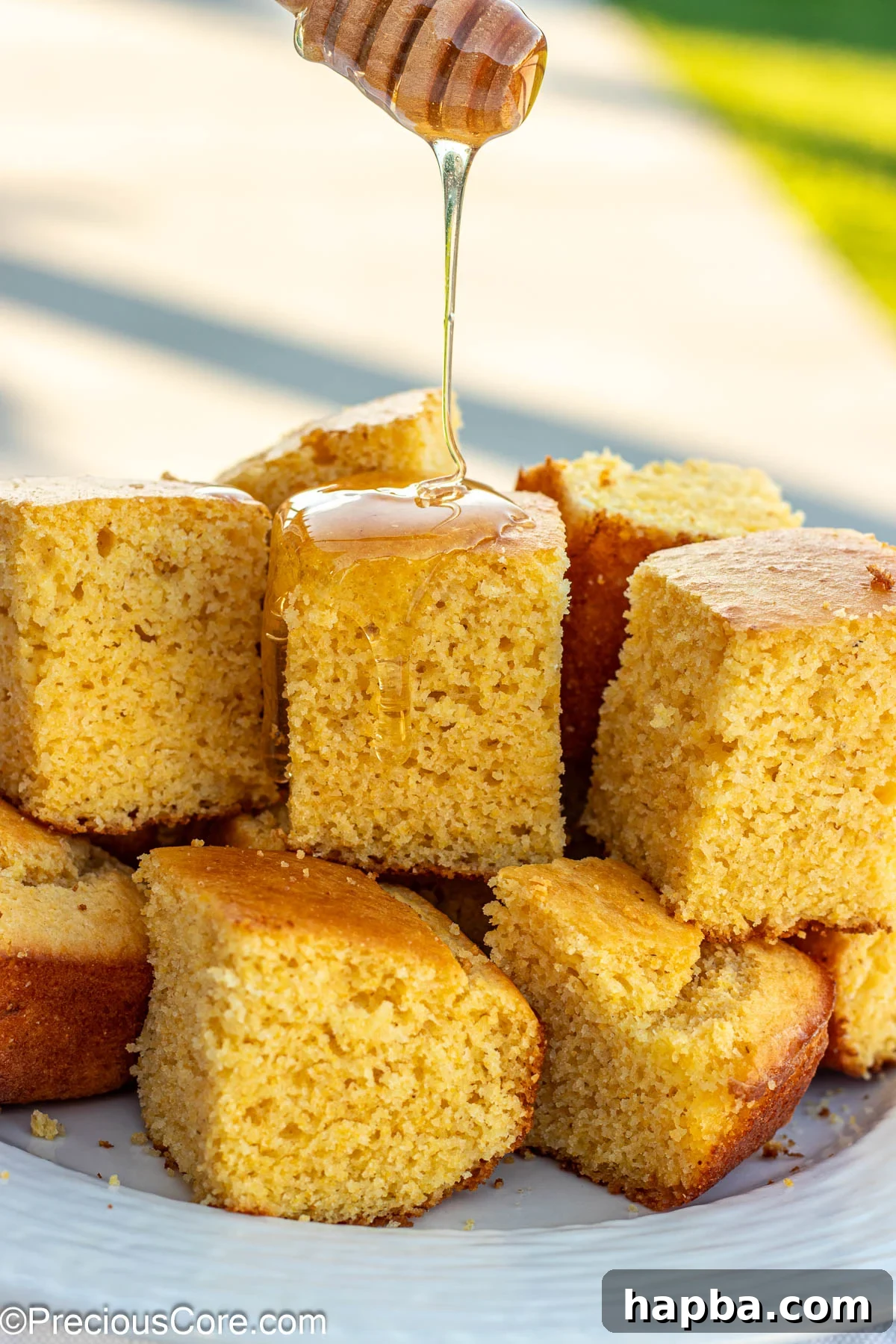 Moist Cornbread Without Buttermilk 2 Square slices of moist cornbread without buttermilk with golden honey drizzling on top, showcasing its delicious texture.