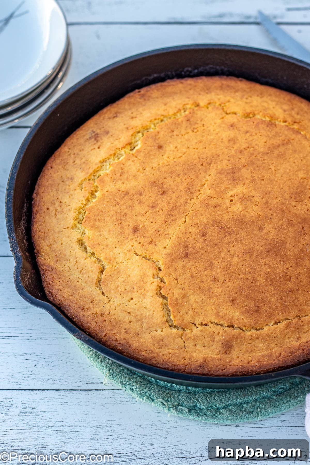 Moist Cornbread Without Buttermilk 3 Freshly baked cornbread without buttermilk beautifully set in a cast iron skillet, golden and inviting.