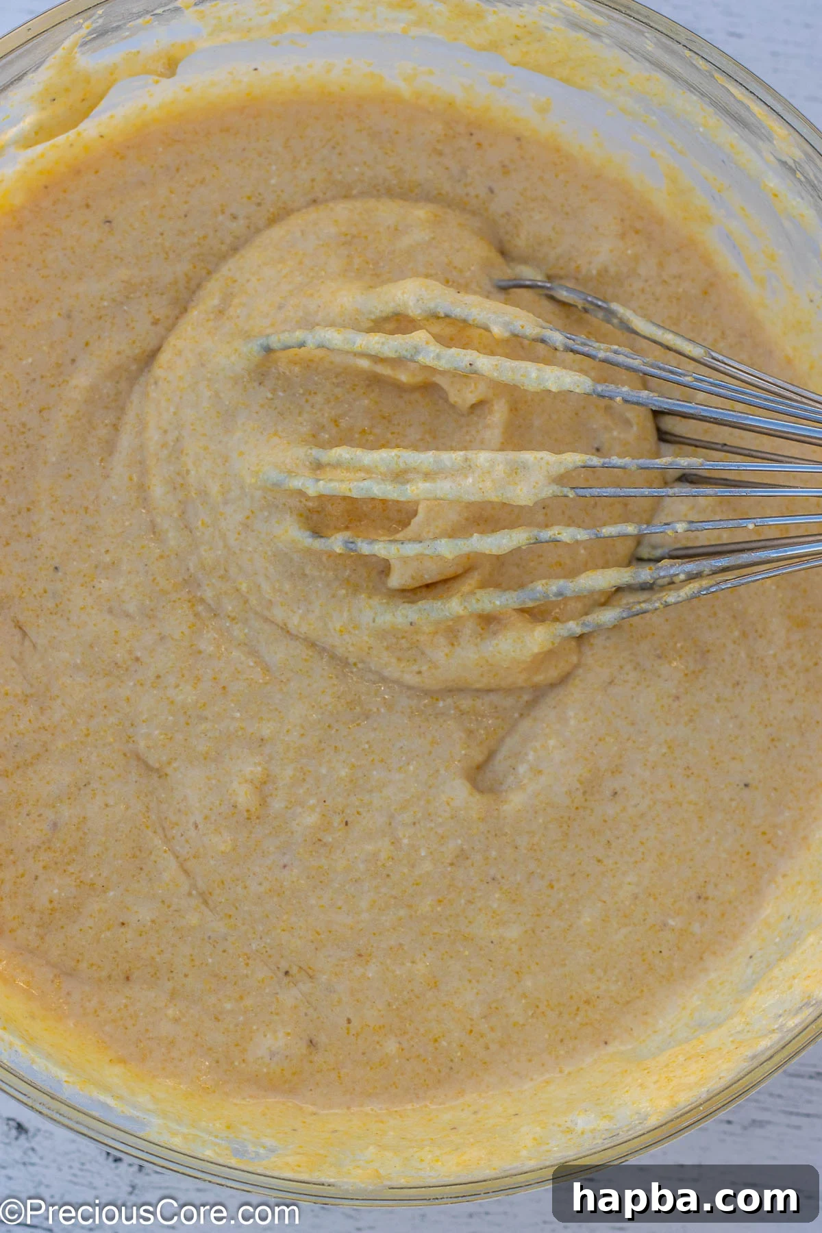 Moist Cornbread Without Buttermilk 7 Smooth, well-combined batter for cornbread with a whisk resting in the bowl, ready for baking.