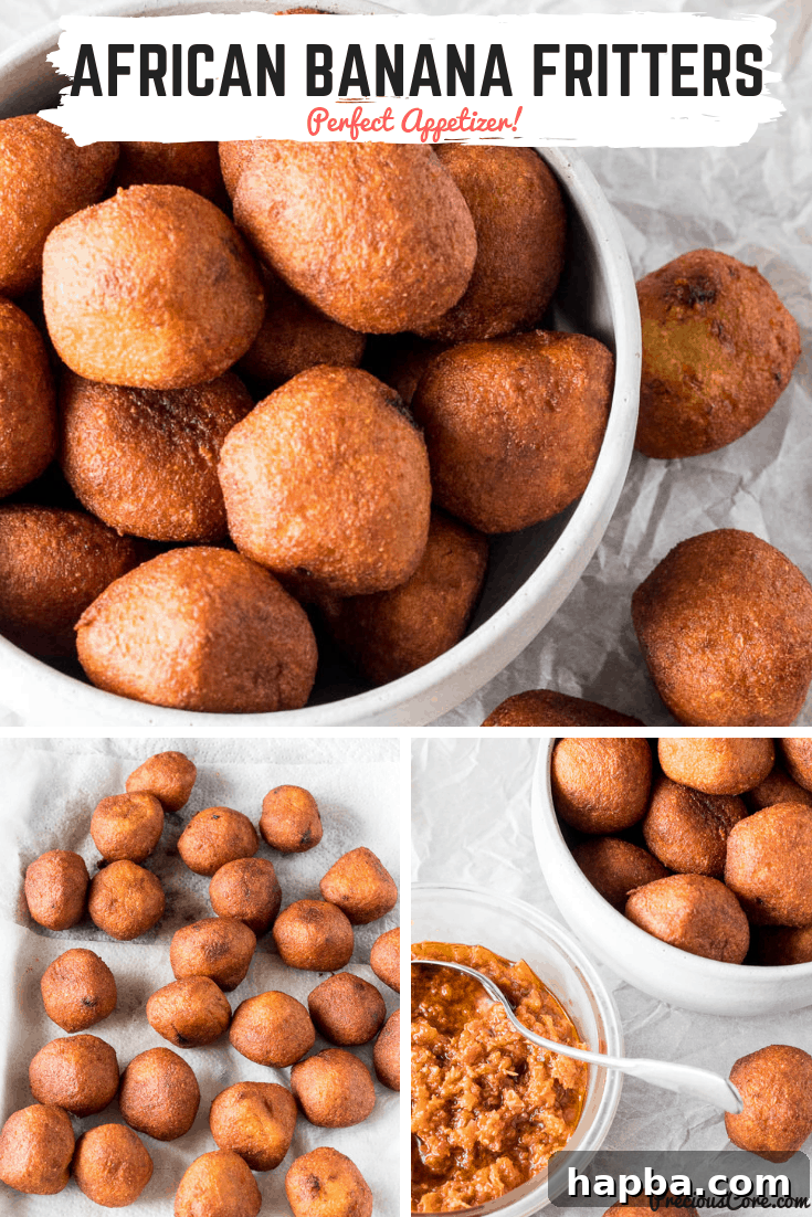 Collage of Accra Banana with text "African Banana Fritters: Perfect Appetizer!"