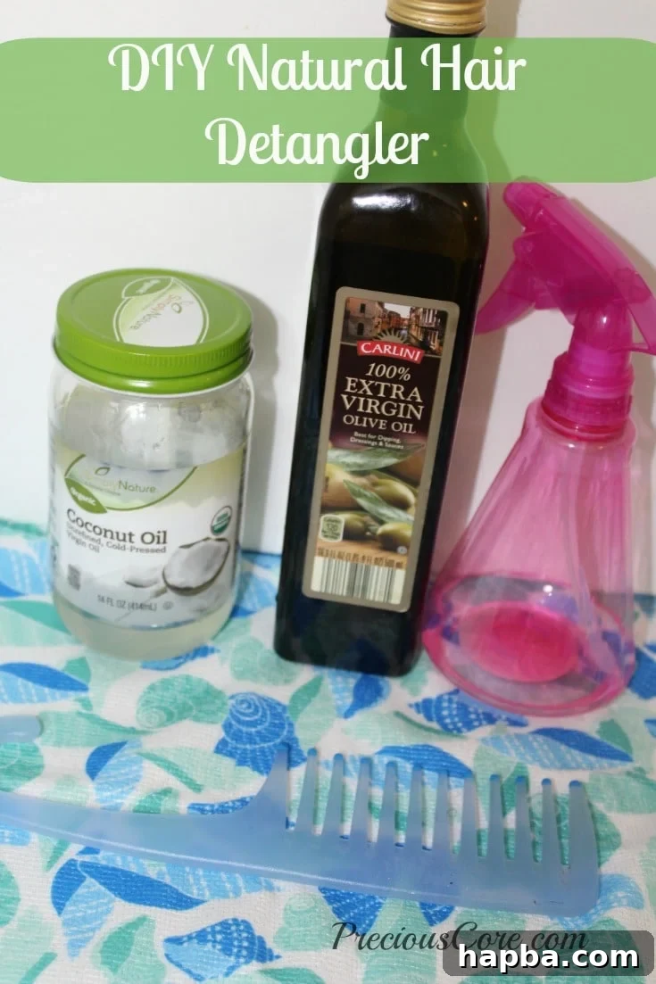 DIY natural hair detangler ingredients: coconut oil, olive oil, and water for soft, manageable hair.