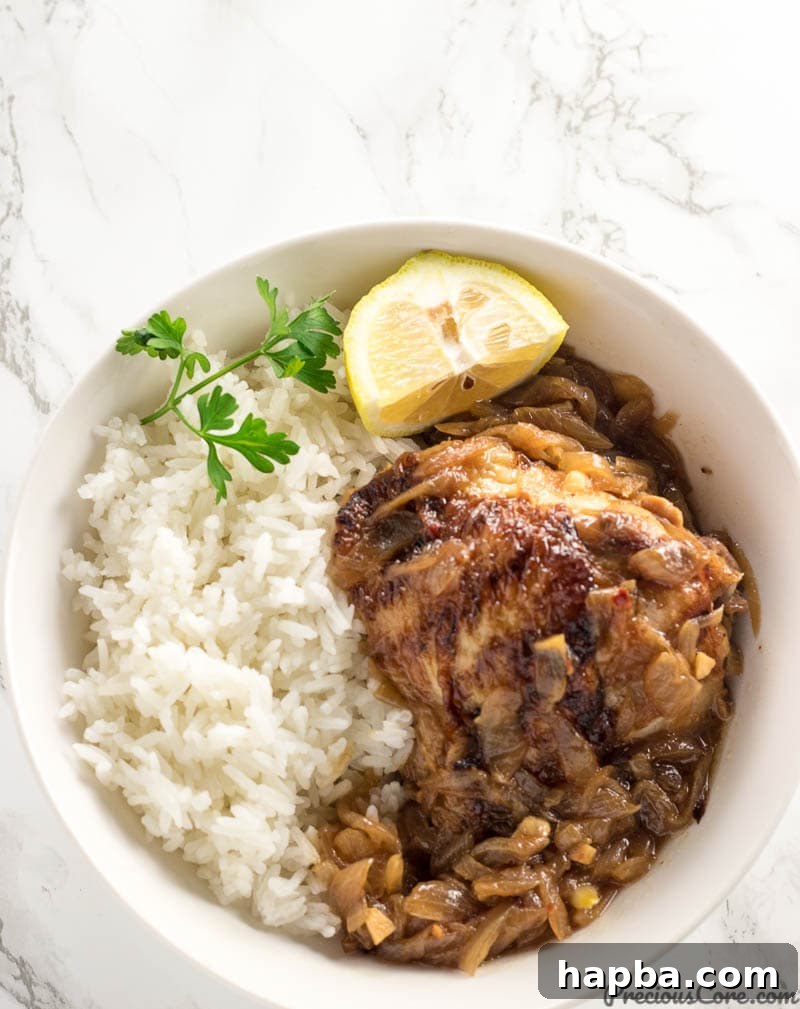 Poulet Yassa or Chicken Yassa served with rice.