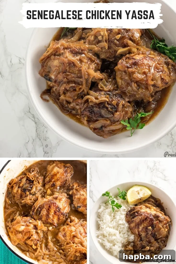 Collage of chicken with text \"Senegalese Chicken Yassa.\"
