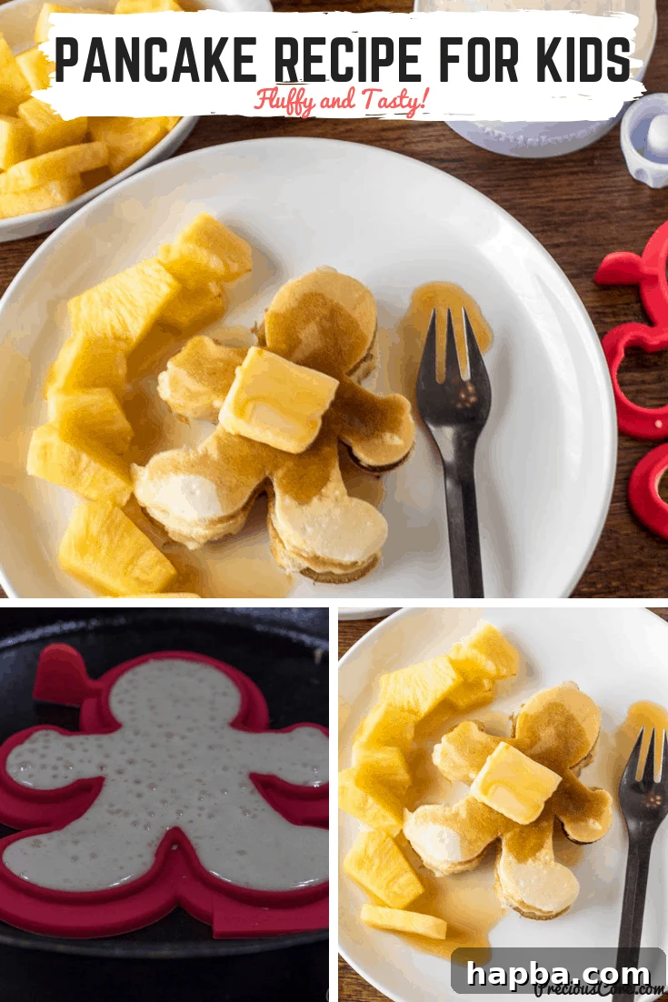 Fluffy, tasty pancakes for kids with fun shapes and fresh fruit. Perfect easy breakfast, brunch, or dinner idea. #Pancakes #PancakeRecipeforKids #Breakfast #Brunch #PreciousCore