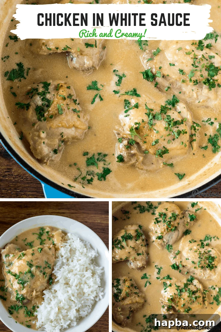 Velvet Chicken Delight 6 Creamy Chicken in White Sauce in a cast iron braiser, ready to be served, garnished with fresh herbs.