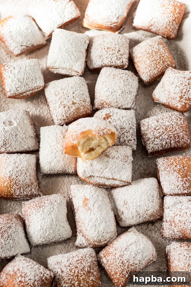 Big Easy Beignets 2 Tray of beignets, one of which is missing a bite, covered generously with powdered sugar.
