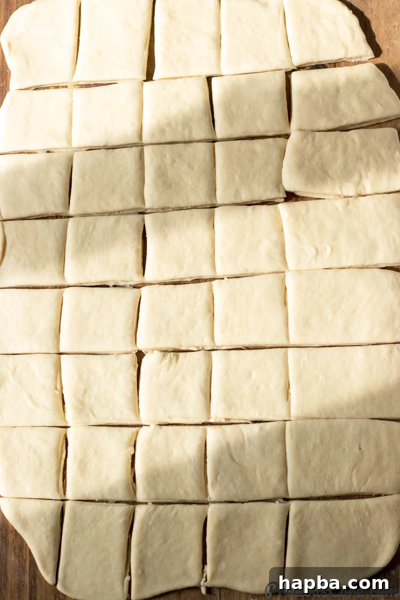 Big Easy Beignets 5 Beignet dough neatly cut into squares on a floured wooden surface.