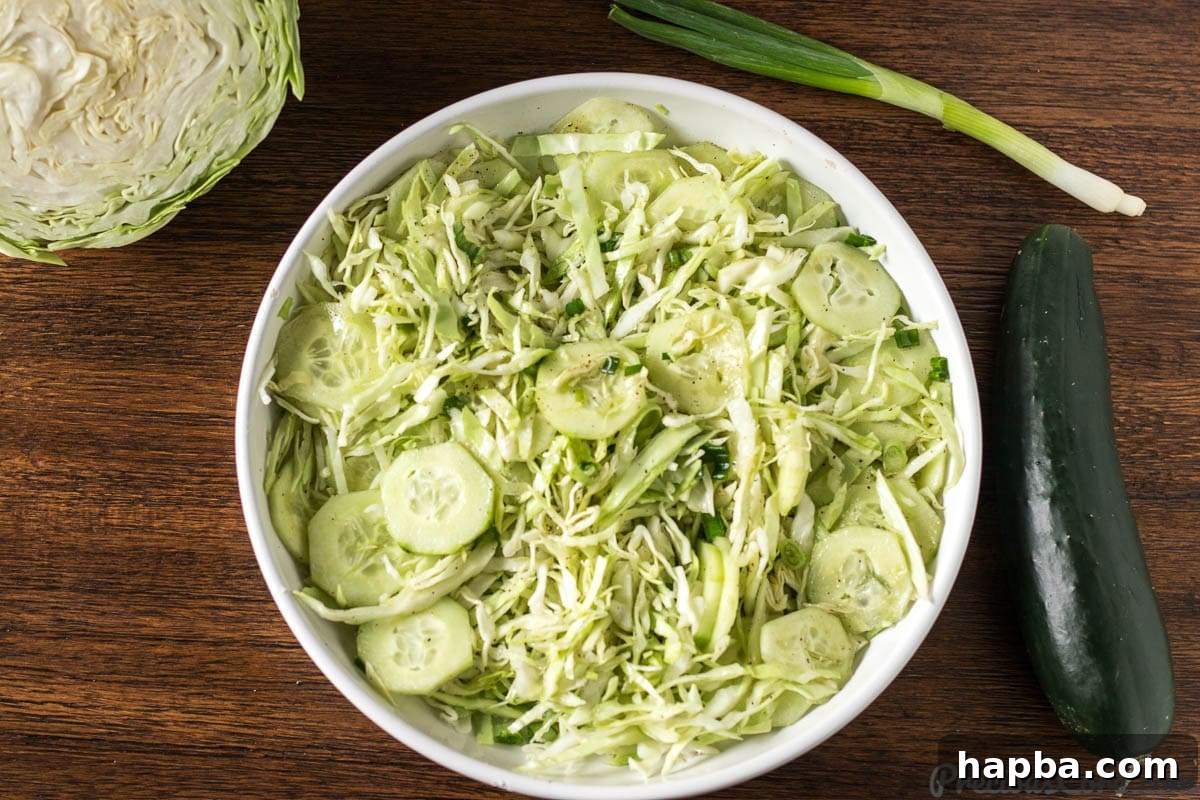 Refreshing Cabbage Slaw 4 A simple yet delicious 3-ingredient cabbage salad, demonstrating ease of preparation.