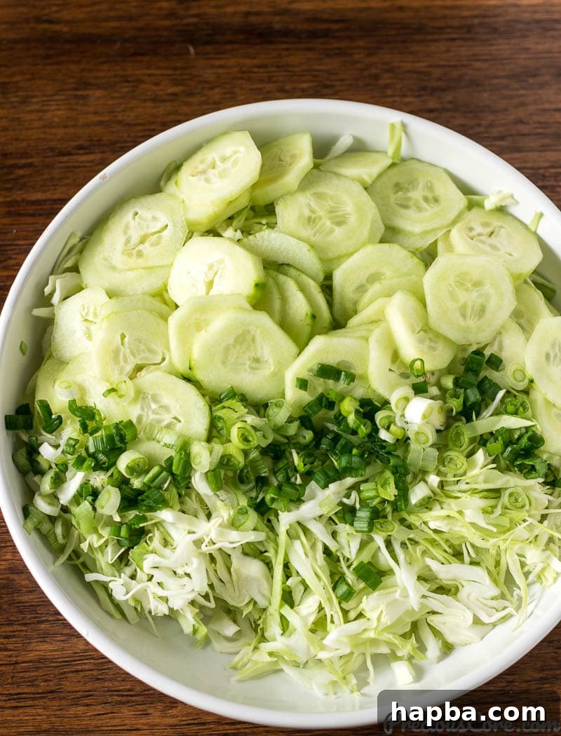 Refreshing Cabbage Slaw 6 All the fresh ingredients for the Cabbage Salad laid out, ready for mixing.