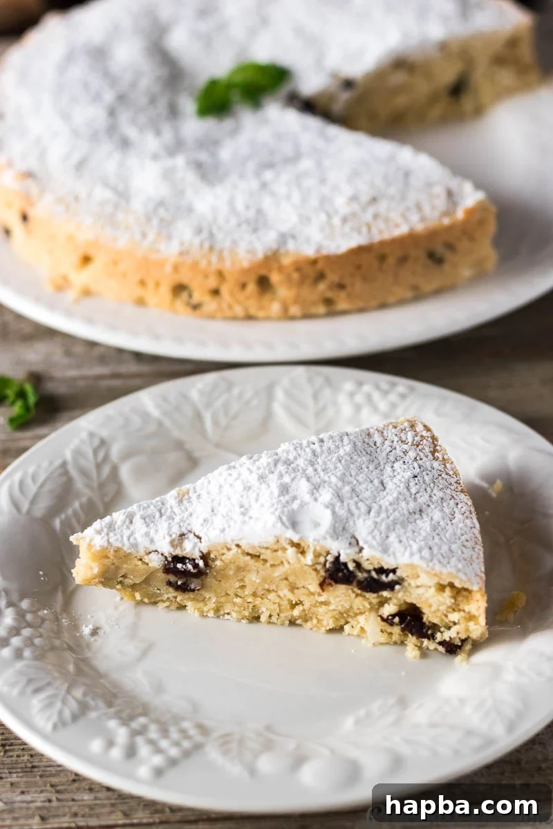Slice of moist, buttery Christmas Fruit Cake on a white plate, adorned with a dusting of powdered sugar and a sprig of holly.