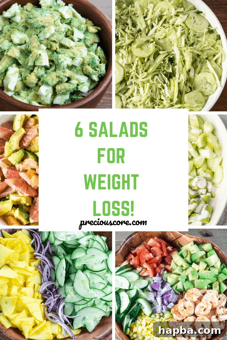 Collage of salads with text "6 salads for weight loss!" - a visual summary of the delicious and healthy recipes for your diet