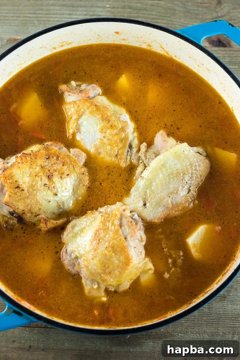 Rustic Chicken and Potatoes 4 Chicken and Potatoes simmering in a rich tomato broth in a Dutch oven