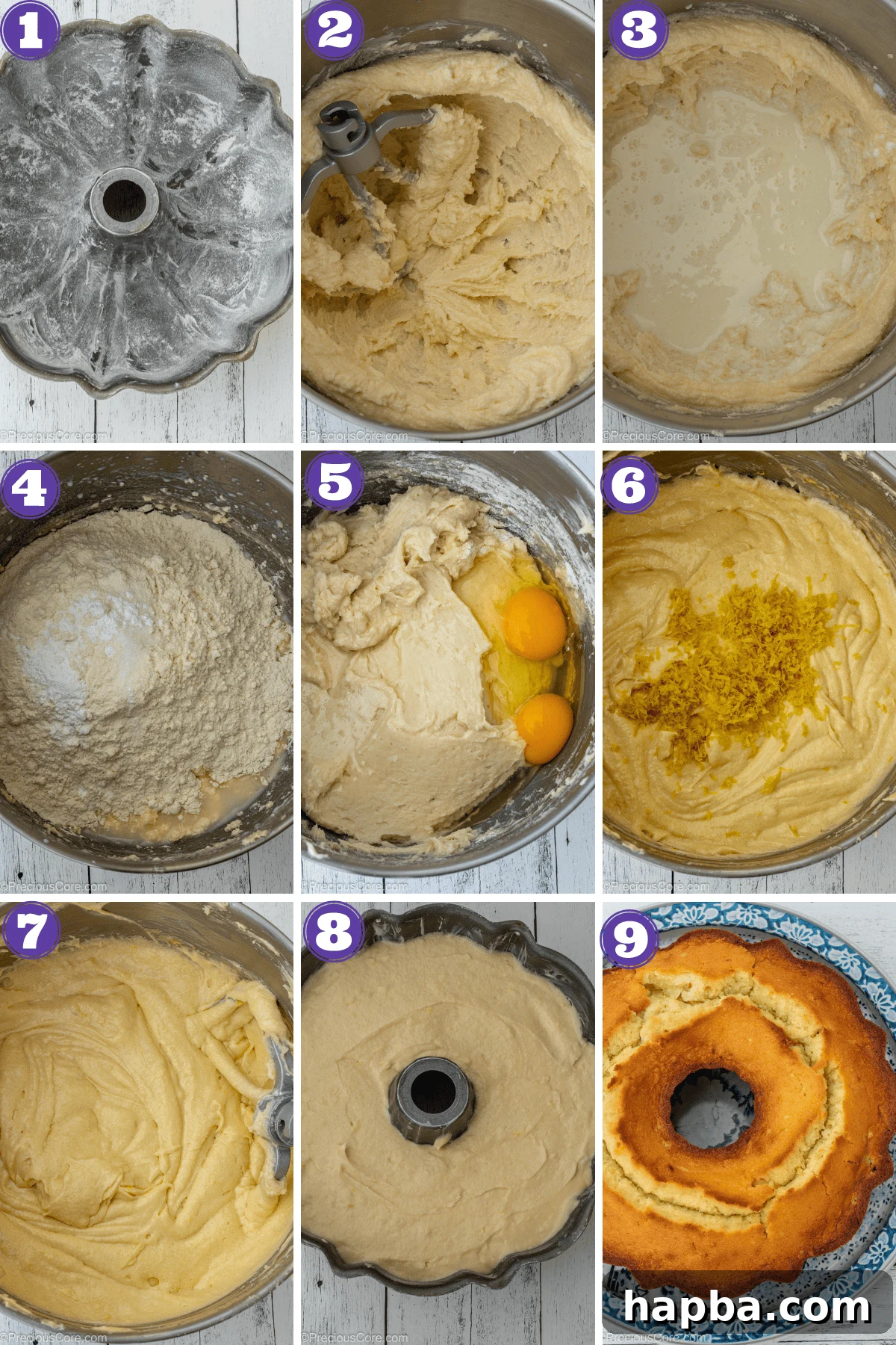 A visual step-by-step collage demonstrating the key stages of preparing the lemon pound cake batter and baking process.