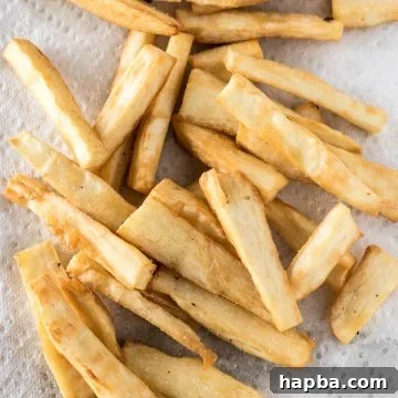 Yuca Fries on a paper towel, a close-up shot.
