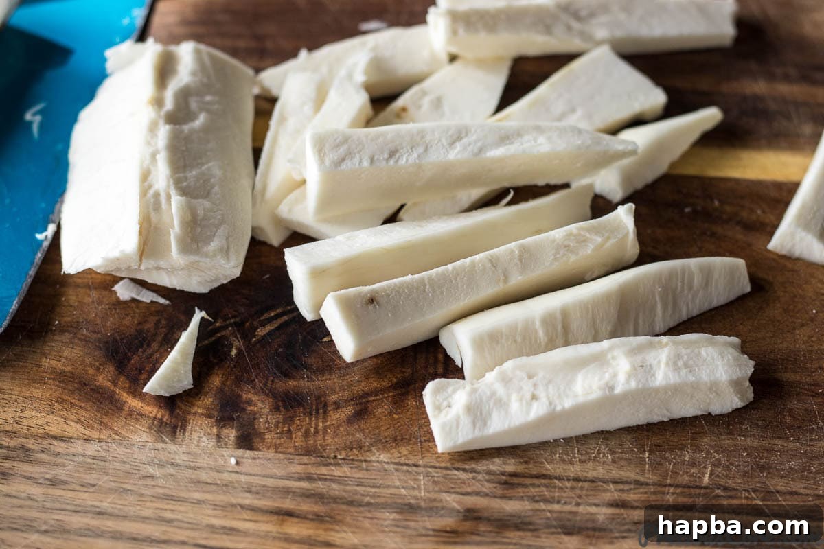 Yuca cut into fries, ready for the next step.