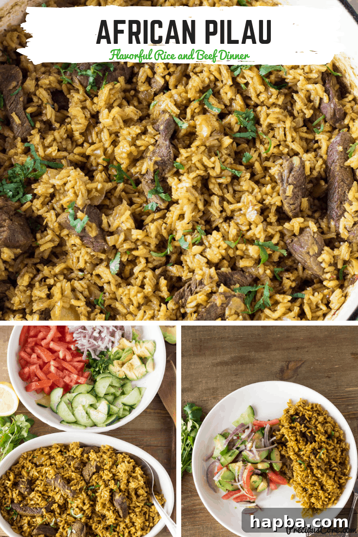 A visually appealing collage of authentic African Pilau dishes, with text overlay: "African Pilau: Flavorful Spiced Rice & Beef Dinner."