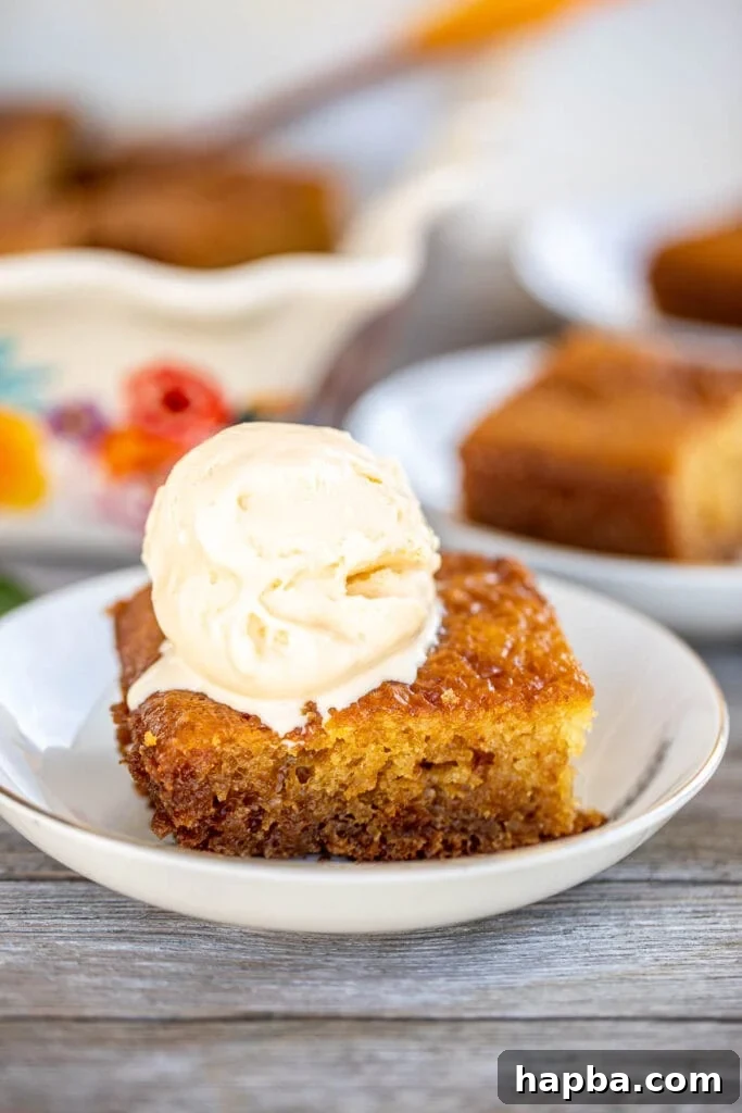 A delectable slice of South African Malva Pudding, perfectly golden-brown and topped with a luscious scoop of vanilla ice cream, promising a delightful culinary experience.