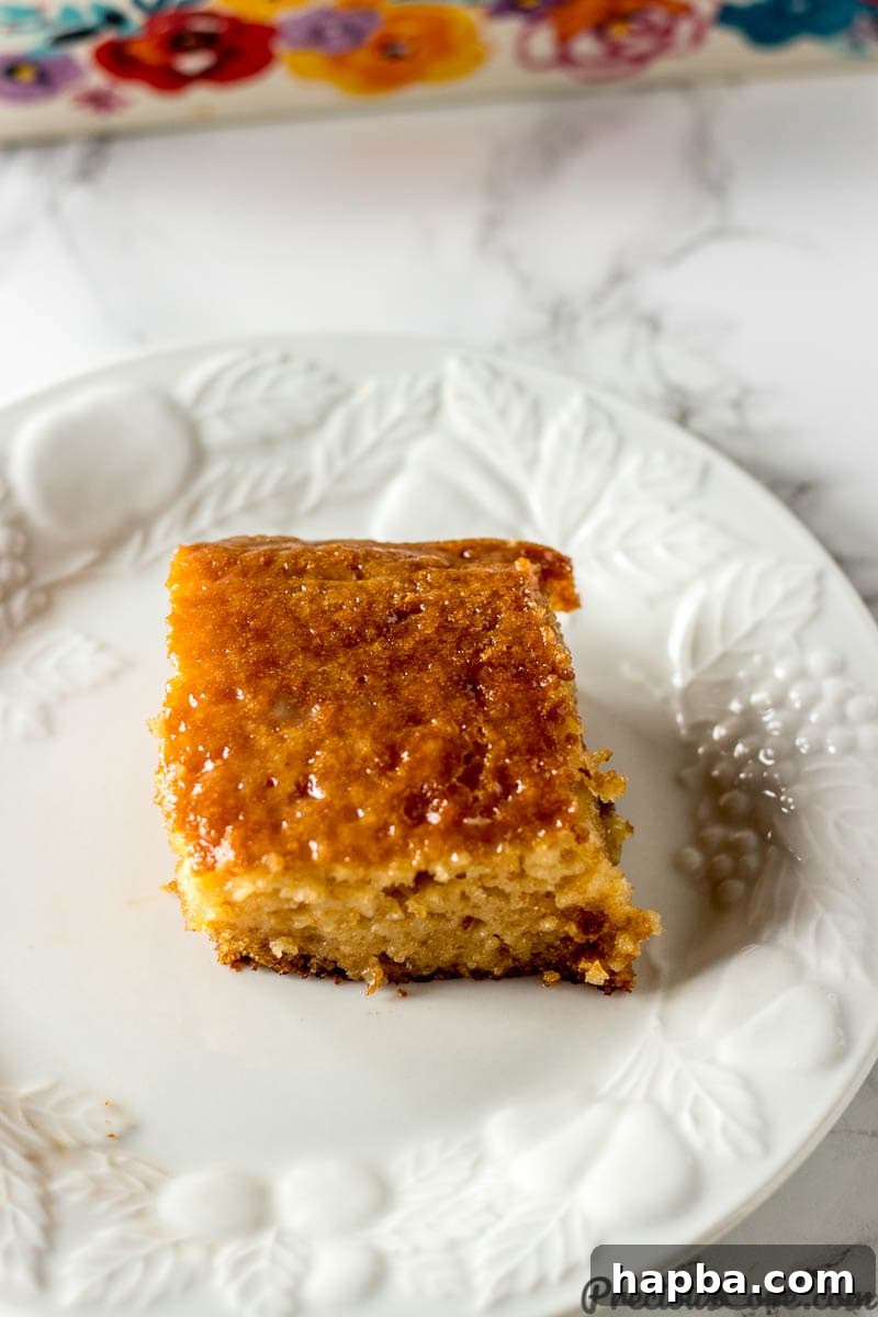 A close-up of a crazy delicious Malva Pudding, showcasing its rich, golden-brown top and moist texture, indicating it's perfectly soaked in sauce.